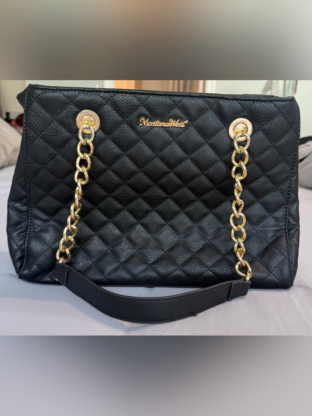 Montana West Black Quilted Shoulder Bag with Gold Chain Handles